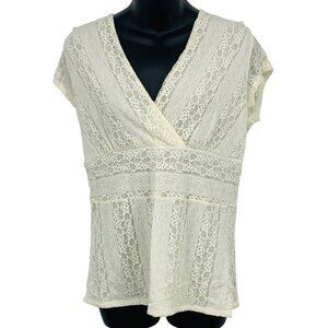 Alfani Women Top Blouse Size Large L Lace V-Neck Blouse Ivory Short Sleeve New
